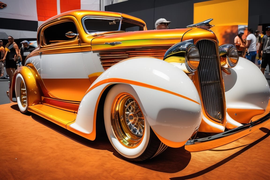 a custom hotrod car white modern rims,  is on display at a show,  fine fiberglass by Forklift trucker on Tensor.Art