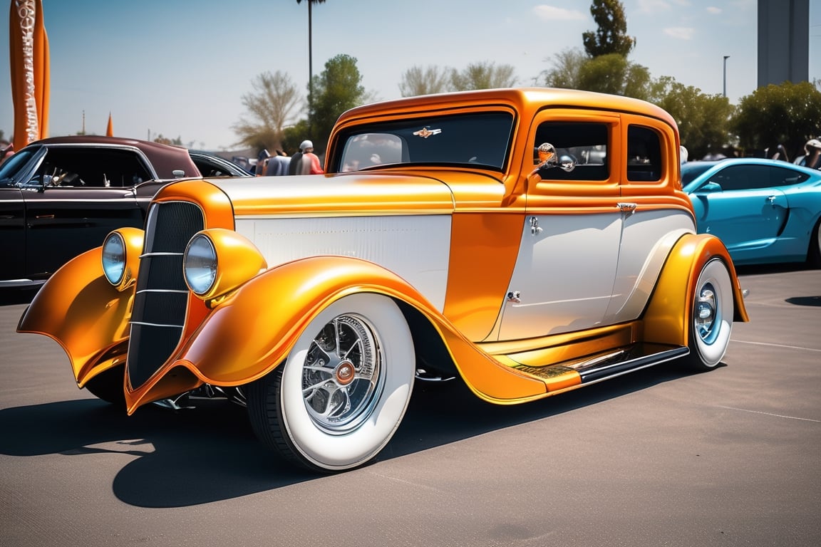 a custom hotrod car white modern rims,  is on display at a show,  fine fiberglass by Forklift trucker on Tensor.Art