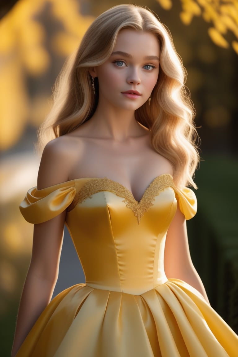 The dress was yellow, off the shoulder, with a satiny bodice. The skirt billowed out ridiculously, and the yellow taffeta underneath it swished when16 year old Melinda moved. Yellow satin gloves covered her hands and marched up to her elbows. The back was cut low, but stopped just before the small of Melinda’s back. It fit her snugly, and was almost too tight. Carrie could see Melinda’s bare feet and noticed the skirt was short and came to the conclusion that this dress must be a couple of years old.sunset, 4 K, 8 K ,  highe Definisjon, uhd, soft light, warm light,perfect eyes  nose mouth, exquisite detail, 30 -megapixel, 4k, 60-mm-lens, sharp-focus, intricately-detailed, long exposure time, f/8, ISO 100, shutter-speed 1/125, diffuse-back-lighting,  award-winning photograph,  monovisions, elle, small-catchlight, low-contrast, High-sharpness, facial-symmetry, perfect face, depth-of-field, golden-hour, ultra-  detailed photography, raytraced, global illumination