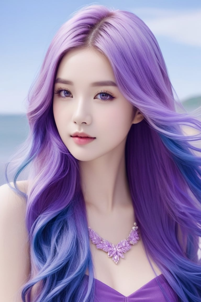 a woman with purple hair wearing a purple dress,  blue and purple hair,  long light purple hair by Forklift trucker on Ten...