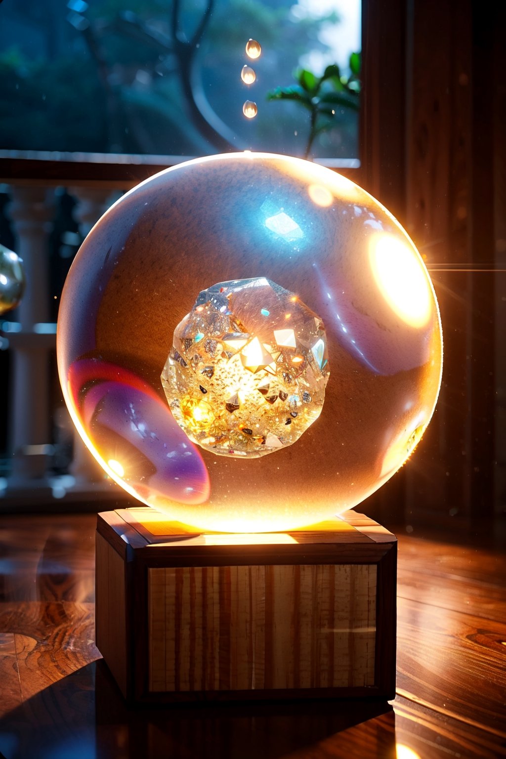 A multifaceted crystal orb, radiating a ethereal celestial glow, perched delicately on a stack of hand-carved mahogany blocks adorned with intricate patterns. The scene is enveloped in a mysterious mist, casting subtle shadows that add to the enchanting and mystical ambiance, evoking a sense of wonder and magic in a dimly lit room,Void volumes,Nature