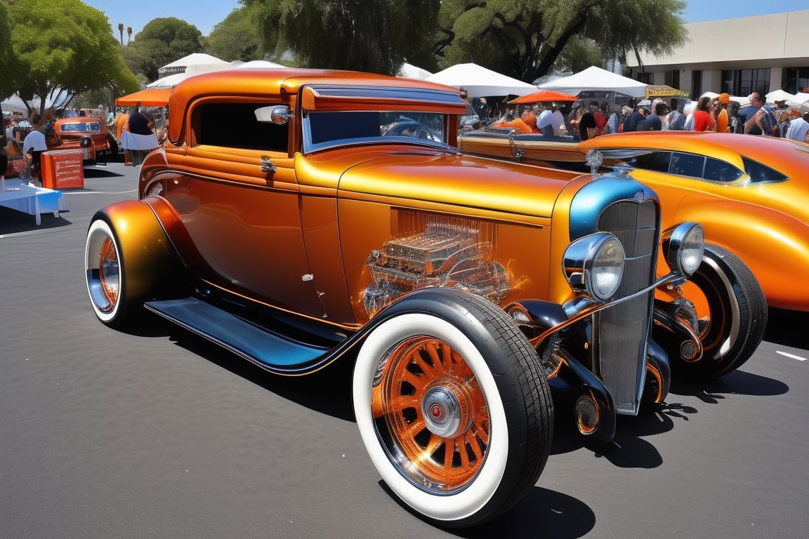 a custom hotrod car white modern rims,  is on display at a show,  fine fiberglass by Forklift trucker on Tensor.Art
