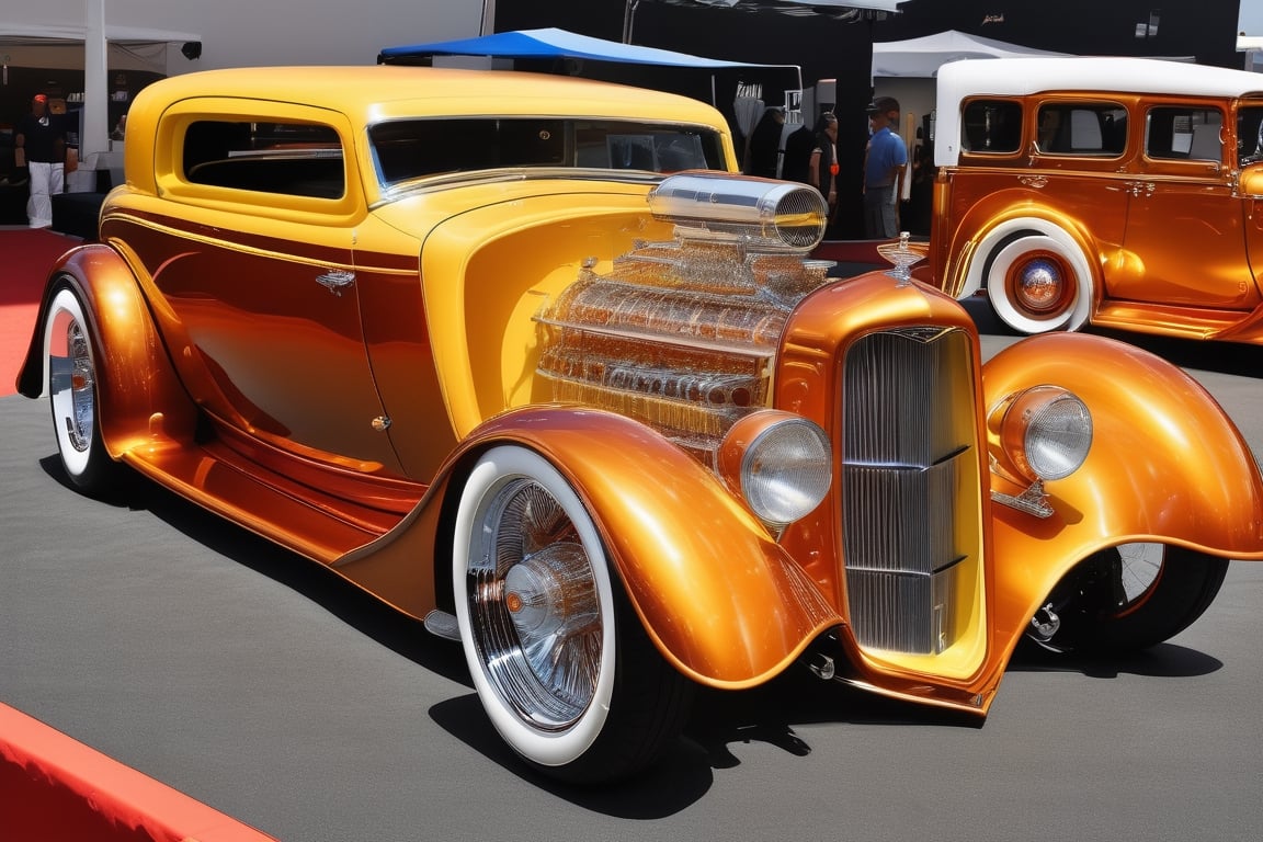 a custom hotrod car white modern rims,  is on display at a show,  fine fiberglass by Forklift trucker on Tensor.Art