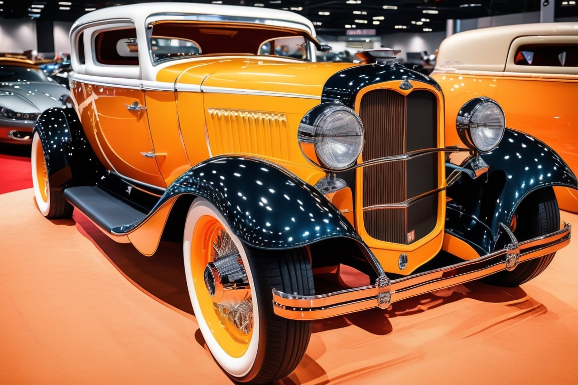 a custom hotrod car white modern rims,  is on display at a show,  fine fiberglass by Forklift trucker on Tensor.Art