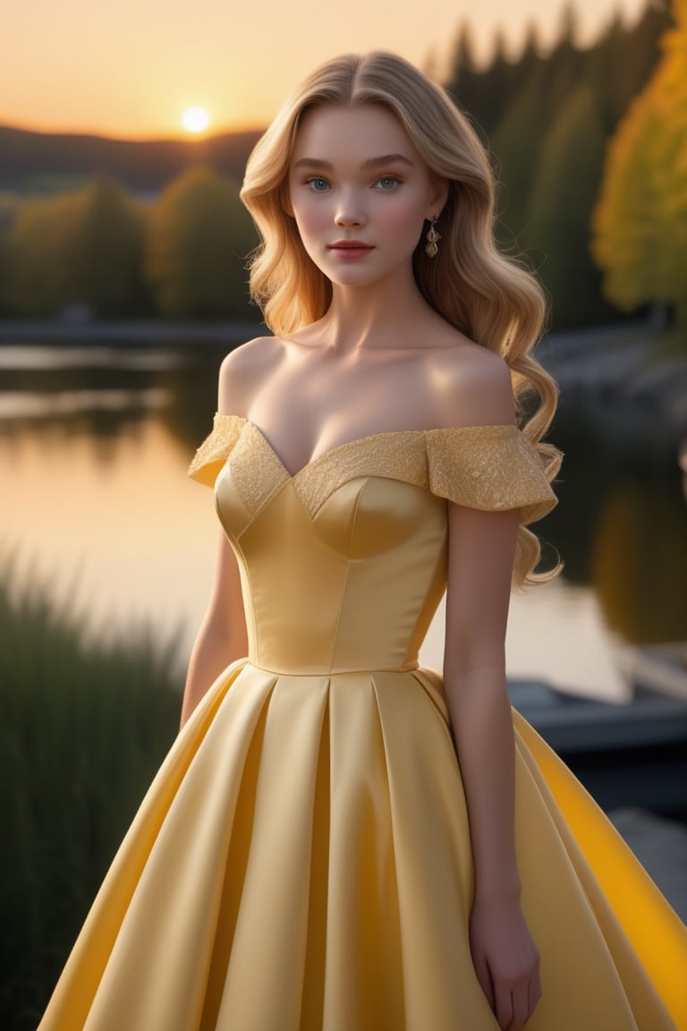 The dress was yellow, off the shoulder, with a satiny bodice. The skirt billowed out ridiculously, and the yellow taffeta underneath it swished when16 year old Melinda moved. Yellow satin gloves covered her hands and marched up to her elbows. The back was cut low, but stopped just before the small of Melinda’s back. It fit her snugly, and was almost too tight. Carrie could see Melinda’s bare feet and noticed the skirt was short and came to the conclusion that this dress must be a couple of years old.sunset, 4 K, 8 K ,  highe Definisjon, uhd, soft light, warm light,perfect eyes  nose mouth, exquisite detail, 30 -megapixel, 4k, 60-mm-lens, sharp-focus, intricately-detailed, long exposure time, f/8, ISO 100, shutter-speed 1/125, diffuse-back-lighting,  award-winning photograph,  monovisions, elle, small-catchlight, low-contrast, High-sharpness, facial-symmetry, perfect face, depth-of-field, golden-hour, ultra-  detailed photography, raytraced, global illumination