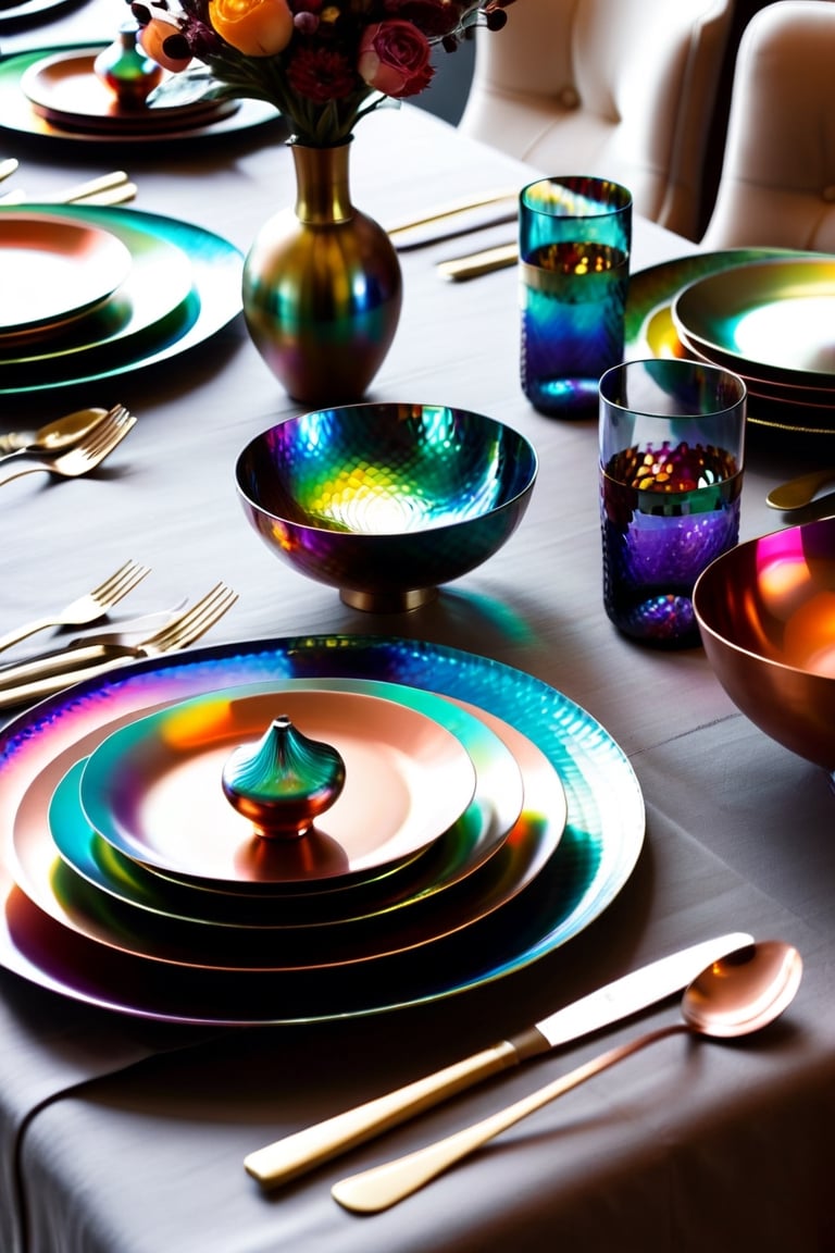 a table is set with colorful plates and silverware, iridescent accents. vibrant, iridescent metals, glass tableware, rich iridescent specular colors, colorful copper brass accents, colorful iridescent and playful, rich deep colors. masterpiec, vibrant iridescent colors, . iridescent accents, metallic colors, iridescent venetian blown glass, holographic design