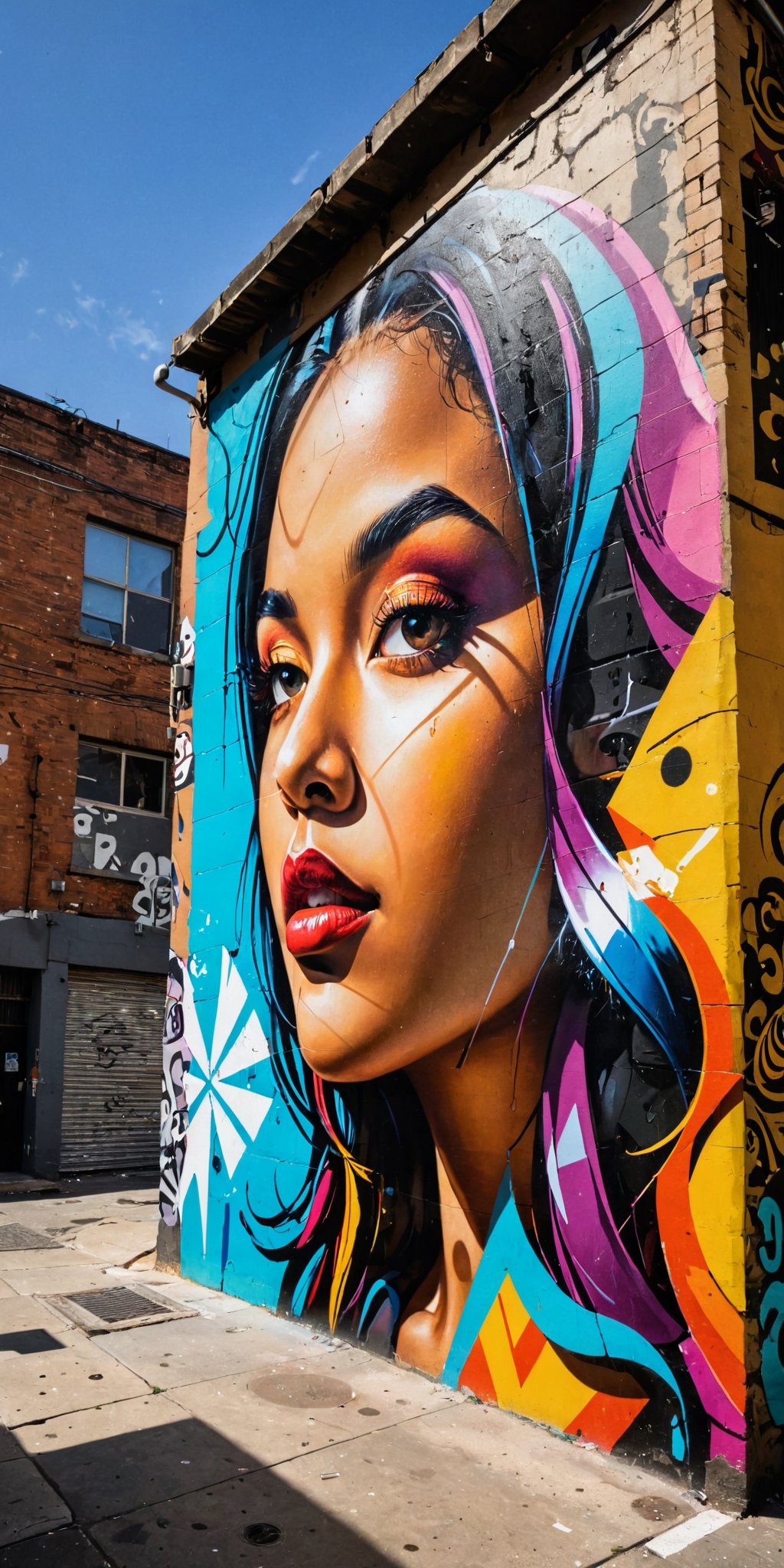 A series of dynamic and colorful street art murals adorning the walls of a lively urban alleyway, showcasing a blend of abstract shapes, intricate portraits, and mesmerizing geometric patterns. The scene is captured from a unique low angle, creating dramatic shadows and emphasizing the vibrant contrast of colors. The high-definition photograph brings out every detail, immersing viewers in the artistic essence of the bustling cityscape.,real_booster