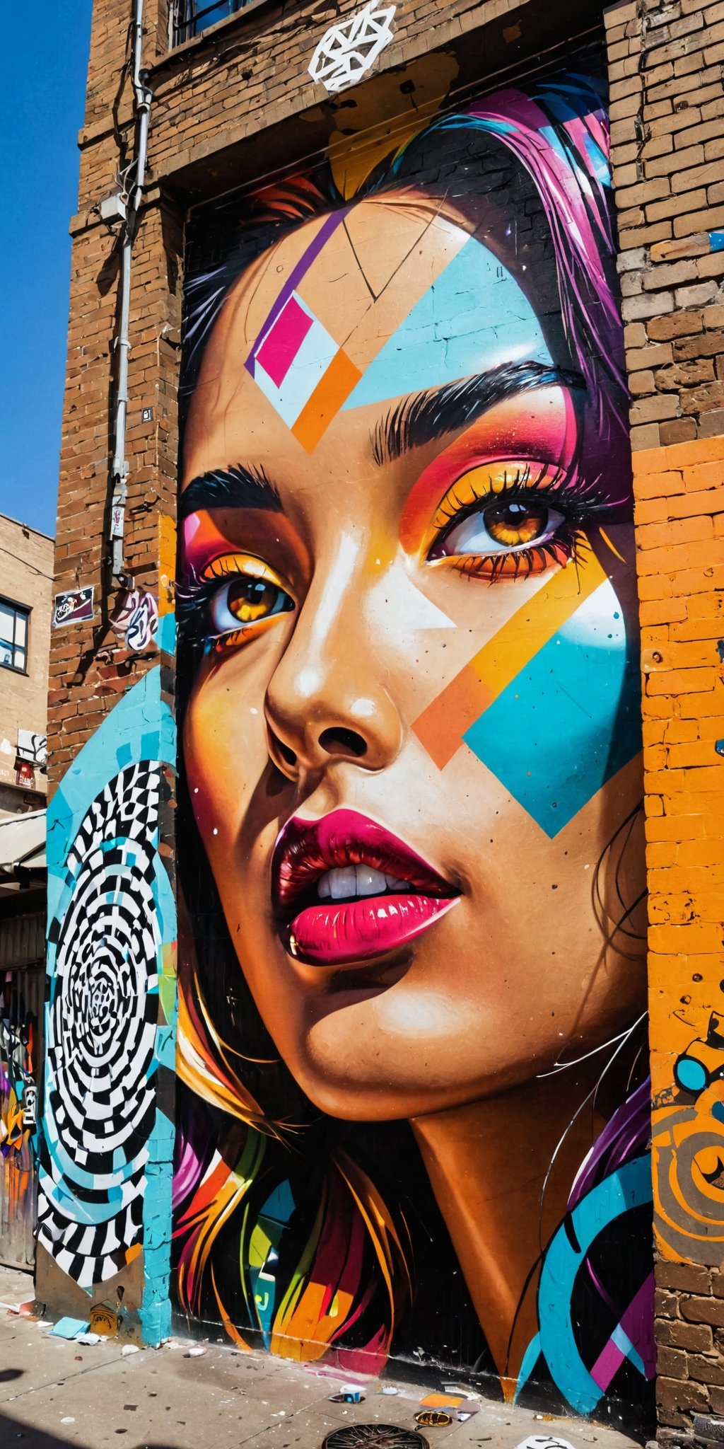 A series of dynamic and colorful street art murals adorning the walls of a lively urban alleyway, showcasing a blend of abstract shapes, intricate portraits, and mesmerizing geometric patterns. The scene is captured from a unique low angle, creating dramatic shadows and emphasizing the vibrant contrast of colors. The high-definition photograph brings out every detail, immersing viewers in the artistic essence of the bustling cityscape.,real_booster