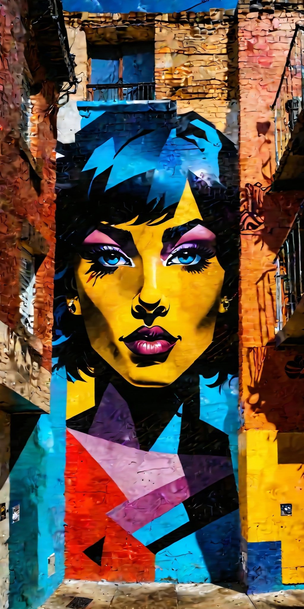 A series of dynamic and colorful street art murals adorning the walls of a lively urban alleyway, showcasing a blend of abstract shapes, intricate portraits, and mesmerizing geometric patterns. The scene is captured from a unique low angle, creating dramatic shadows and emphasizing the vibrant contrast of colors. The high-definition photograph brings out every detail, immersing viewers in the artistic essence of the bustling cityscape.,real_booster,No keyword