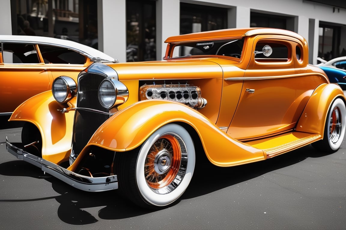 a custom hotrod car white modern rims,  is on display at a show,  fine fiberglass by Forklift trucker on Tensor.Art