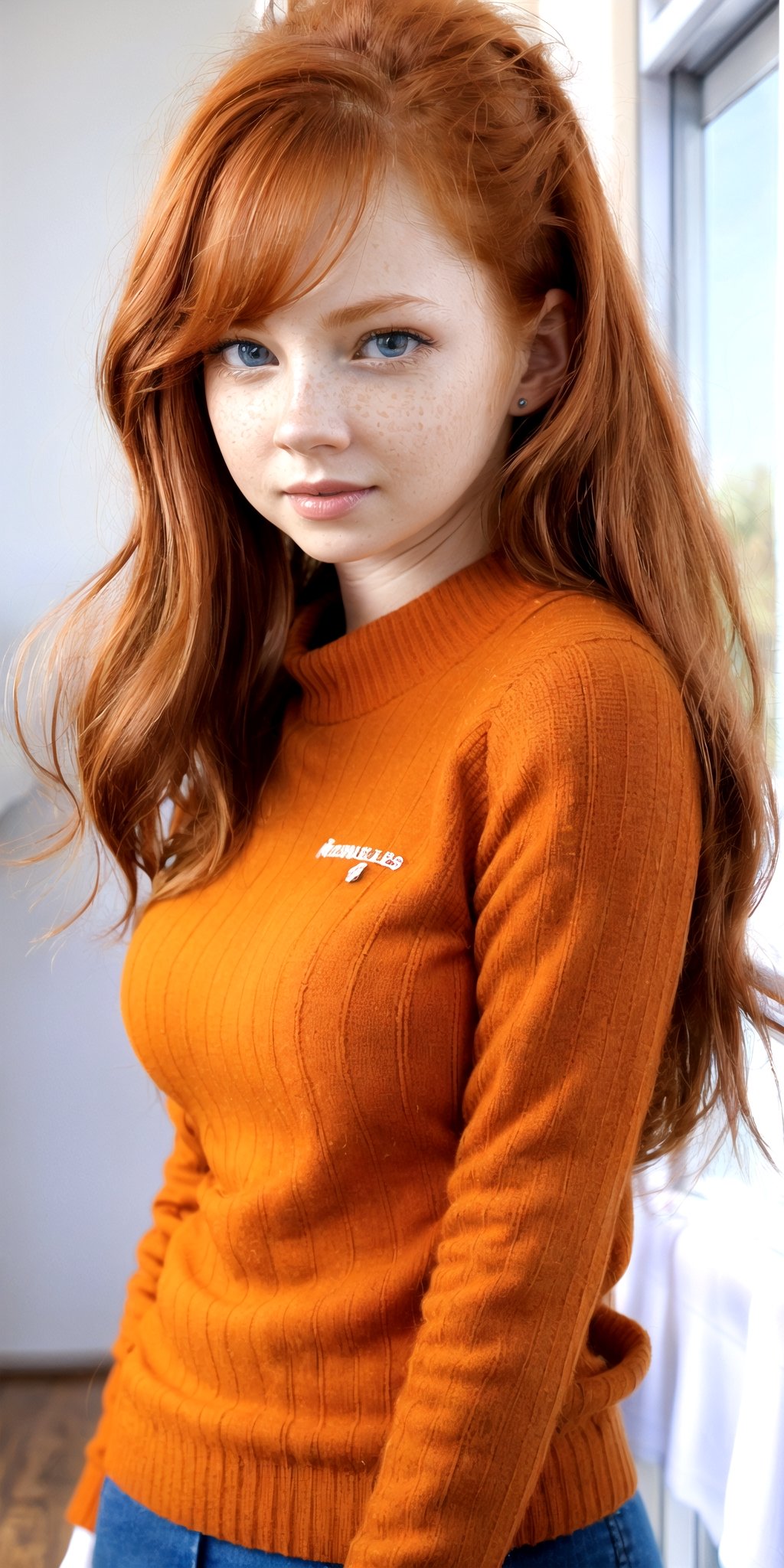 a woman with red hair and blue eyes wearing a sweater,  ginger hair with freckles,  red hair and freckles by Forklift truc...