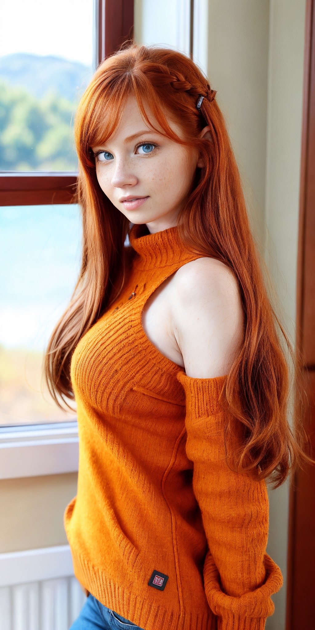 a woman with red hair and blue eyes wearing a sweater,  ginger hair with freckles,  red hair and freckles by Forklift truc...