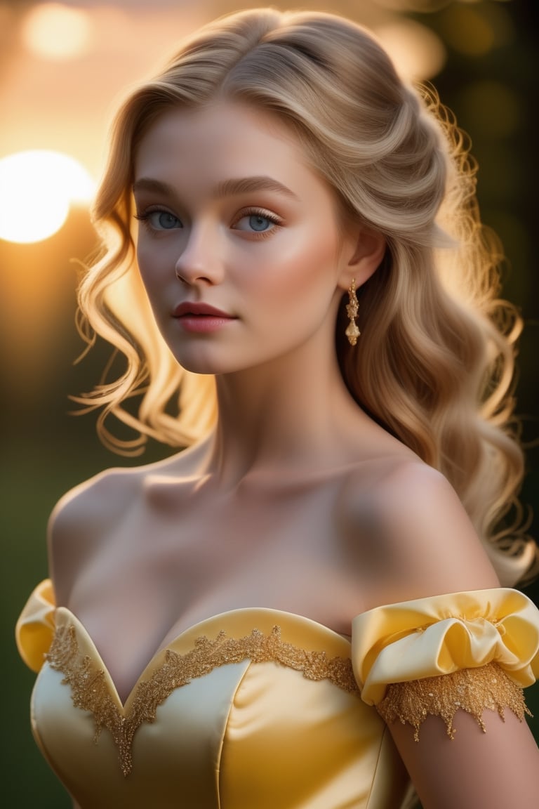 The dress was yellow, off the shoulder, with a satiny bodice. The skirt billowed out ridiculously, and the yellow taffeta underneath it swished when16 year old Melinda moved. Yellow satin gloves covered her hands and marched up to her elbows. The back was cut low, but stopped just before the small of Melinda’s back. It fit her snugly, and was almost too tight. Carrie could see Melinda’s bare feet and noticed the skirt was short and came to the conclusion that this dress must be a couple of years old.sunset, 4 K, 8 K ,  highe Definisjon, uhd, soft light, warm light,perfect eyes  nose mouth, exquisite detail, 30 -megapixel, 4k, 60-mm-lens, sharp-focus, intricately-detailed, long exposure time, f/8, ISO 100, shutter-speed 1/125, diffuse-back-lighting,  award-winning photograph,  monovisions, elle, small-catchlight, low-contrast, High-sharpness, facial-symmetry, perfect face, depth-of-field, golden-hour, ultra-  detailed photography, raytraced, global illumination