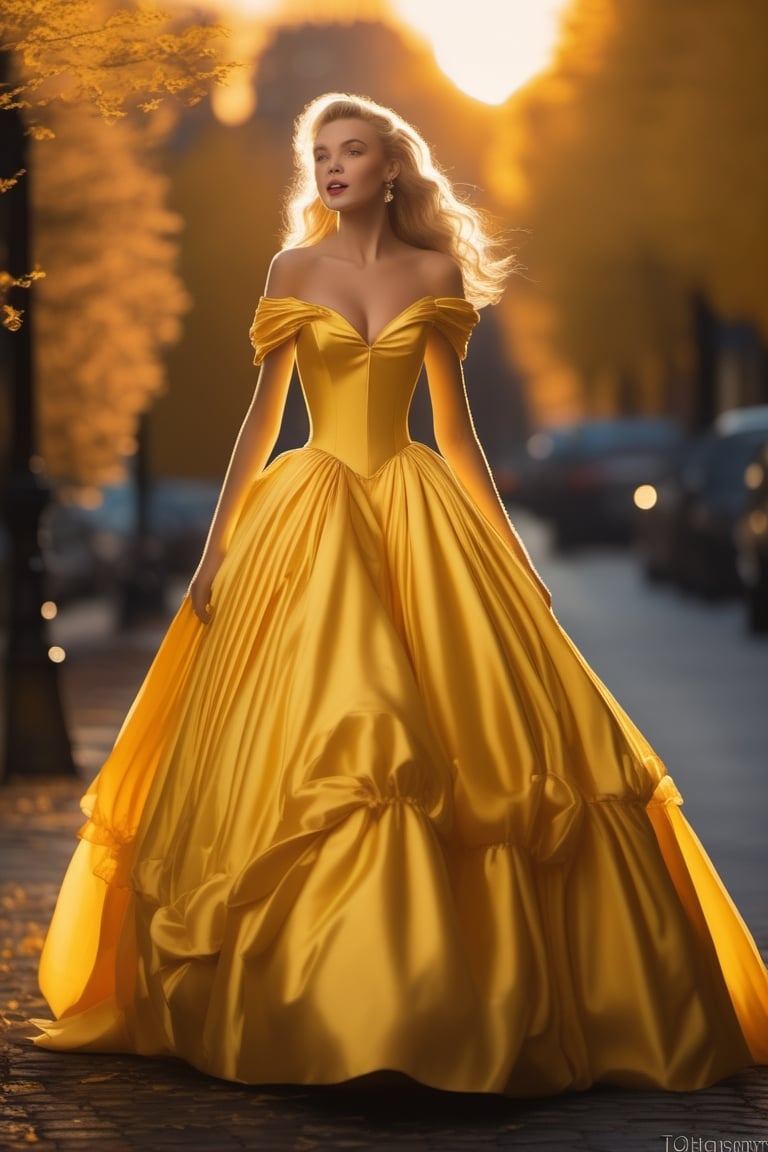 The dress was yellow, off the shoulder, with a satiny bodice. The skirt billowed out ridiculously, and the yellow taffeta underneath it swished when16 year old Melinda moved. Yellow satin gloves covered her hands and marched up to her elbows. The back was cut low, but stopped just before the small of Melinda’s back. It fit her snugly, and was almost too tight. Carrie could see Melinda’s bare feet and noticed the skirt was short and came to the conclusion that this dress must be a couple of years old.sunset, 4 K, 8 K ,  highe Definisjon, uhd, soft light, warm light,perfect eyes  nose mouth, exquisite detail, 30 -megapixel, 4k, 60-mm-lens, sharp-focus, intricately-detailed, long exposure time, f/8, ISO 100, shutter-speed 1/125, diffuse-back-lighting,  award-winning photograph,  monovisions, elle, small-catchlight, low-contrast, High-sharpness, facial-symmetry, perfect face, depth-of-field, golden-hour, ultra-  detailed photography, raytraced, global illumination