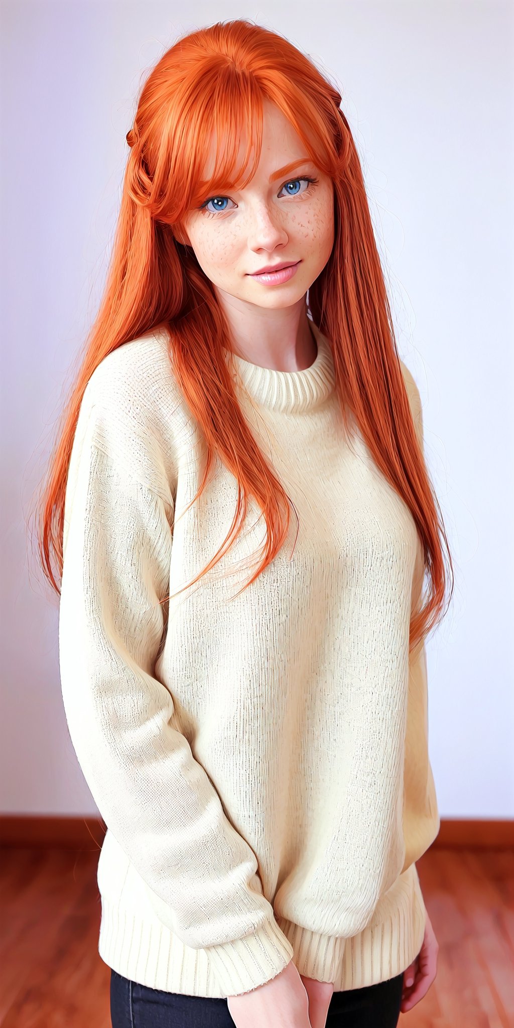 a woman with red hair and blue eyes wearing a sweater,  ginger hair with freckles,  red hair and freckles by Forklift truc...