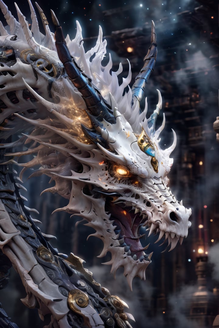 Translucent dragon skull,white teeth ,eternity in eye socket  ,(intricate detail), (super detailed), 8k hdr, high detailed, soft cinematic lighting, dramatic atmosphere, atmospheric perspective,torch lighting,ray tracing,starry universe background,cyborg style,chinese ink drawing,dragonborn,cyborg,mecha