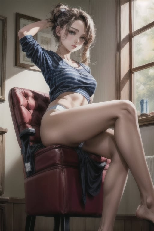  A pretty girl in underwear sit on chair head resting on fist