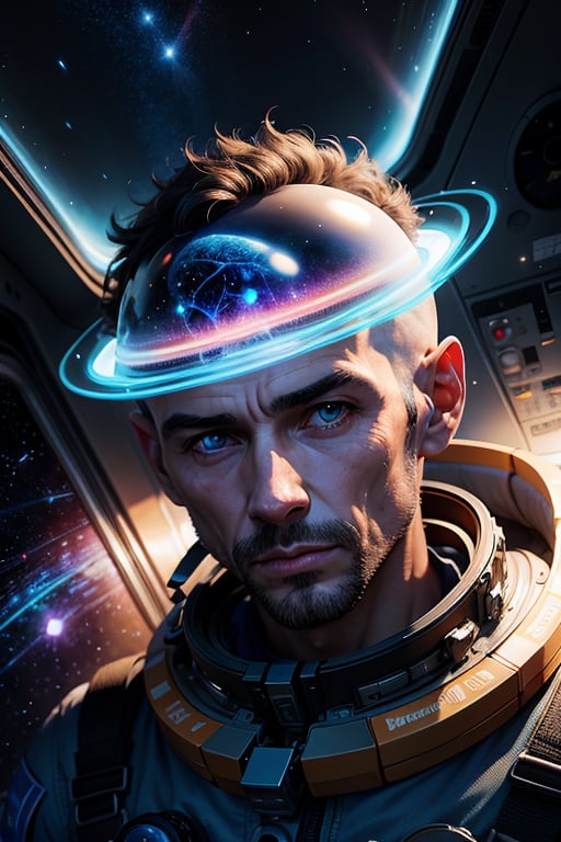 Photo of a man with blue brain in space