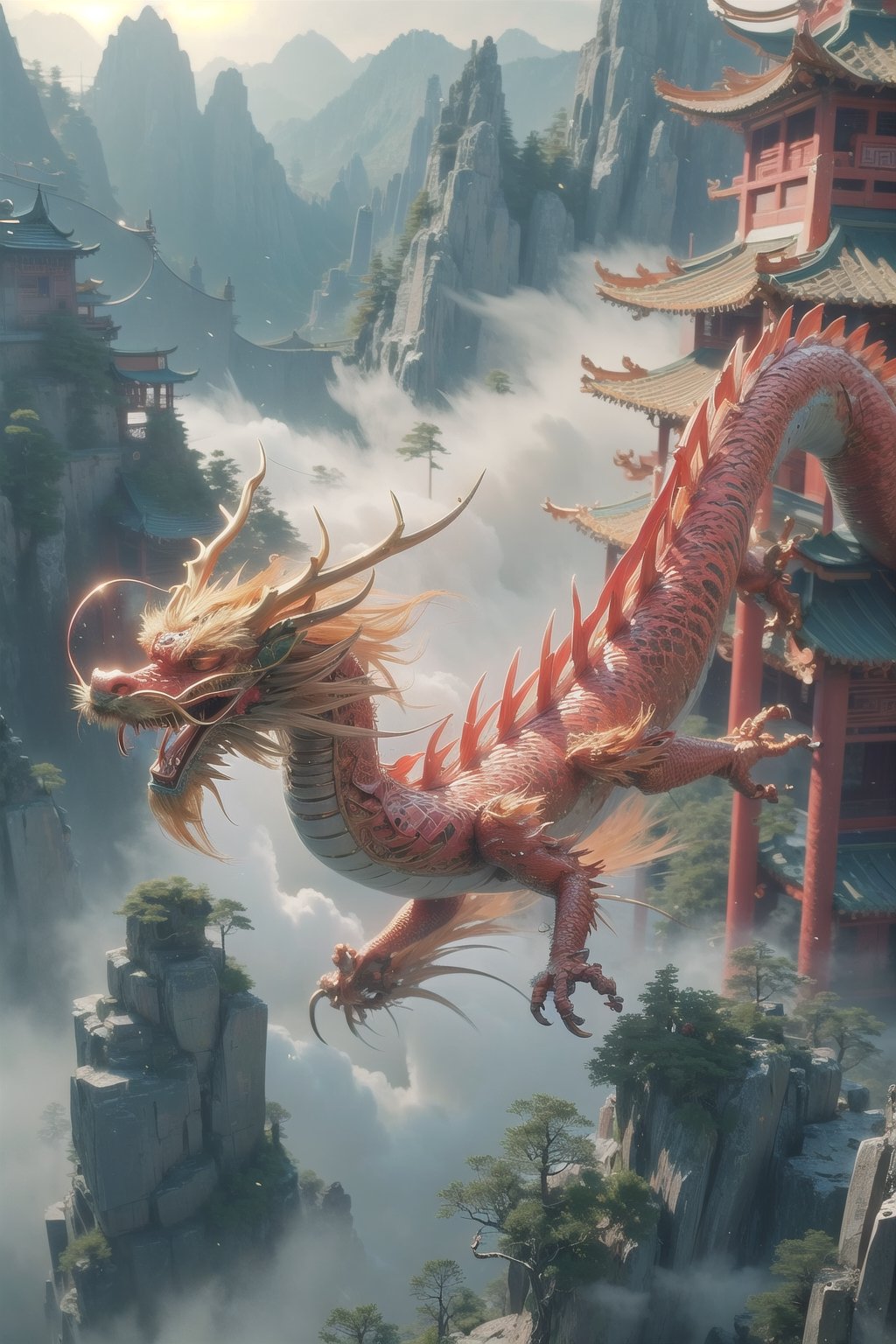 3d animation, an ancient chinese dragon, full body dragon flying, photo, stunning fantasy world background,ancient chinese dragon