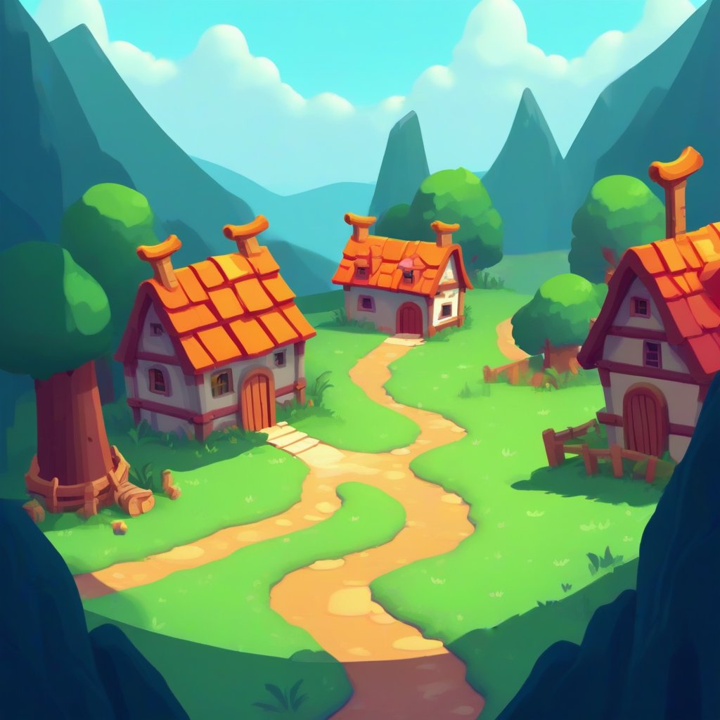 village scene,  flat 2D side-scrolling adventure game by VNStorms on Tensor.Art