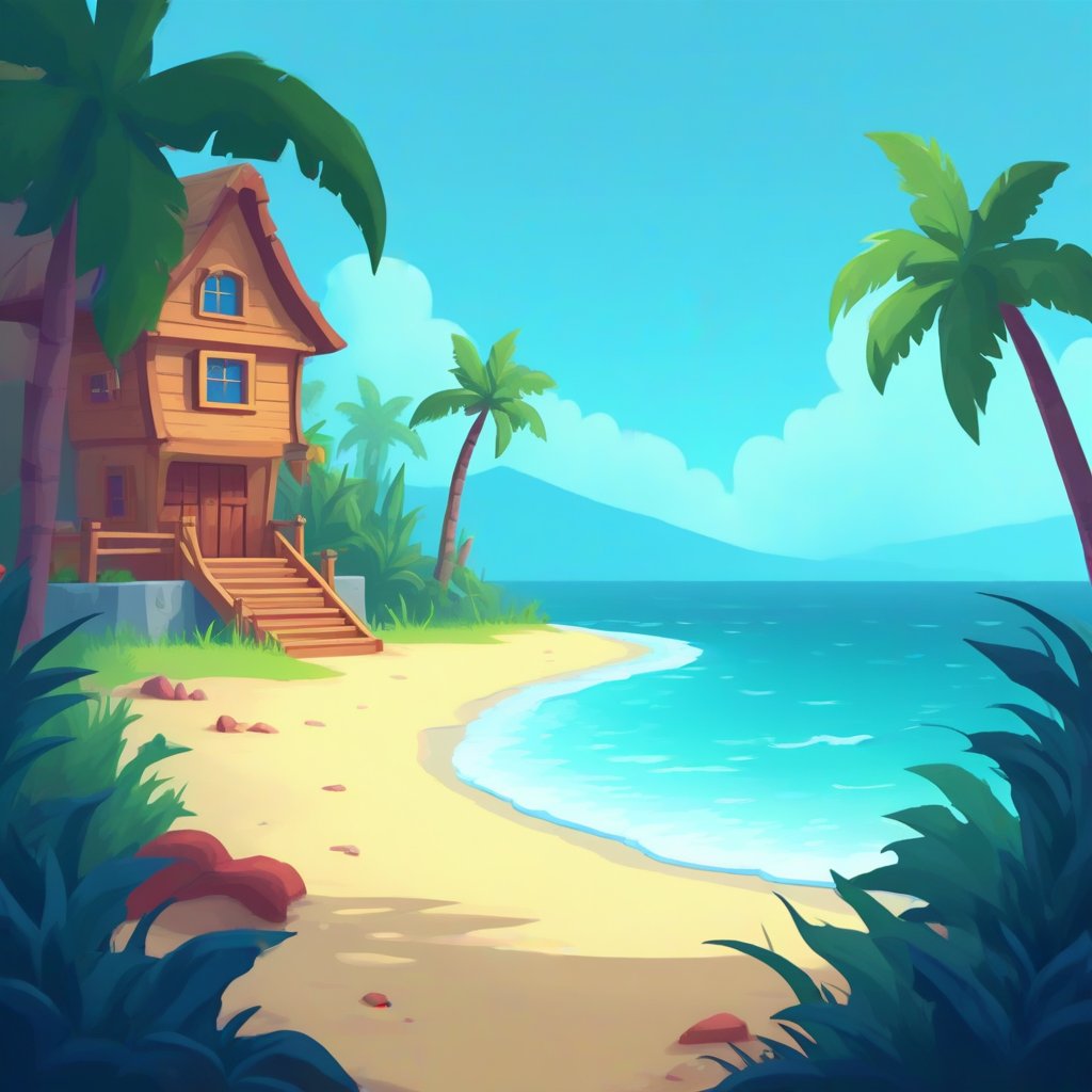 beach scene,  flat 2D side-scrolling adventure game by VNStorms on Tensor.Art