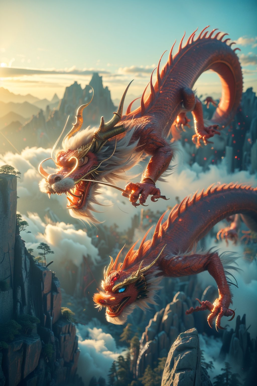 3d animation, an ancient chinese dragon, full body dragon flying, photo, stunning fantasy world background,ancient chinese dragon