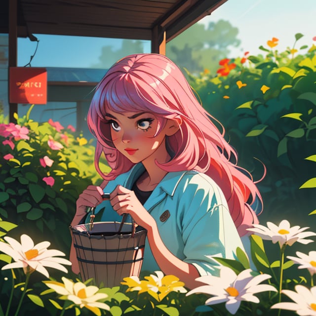 (best quality, masterpiece), 1girl, Long hair, Potrait, face detail, pink hair, shilly girl, vintage, watering the flowers, bucket shop