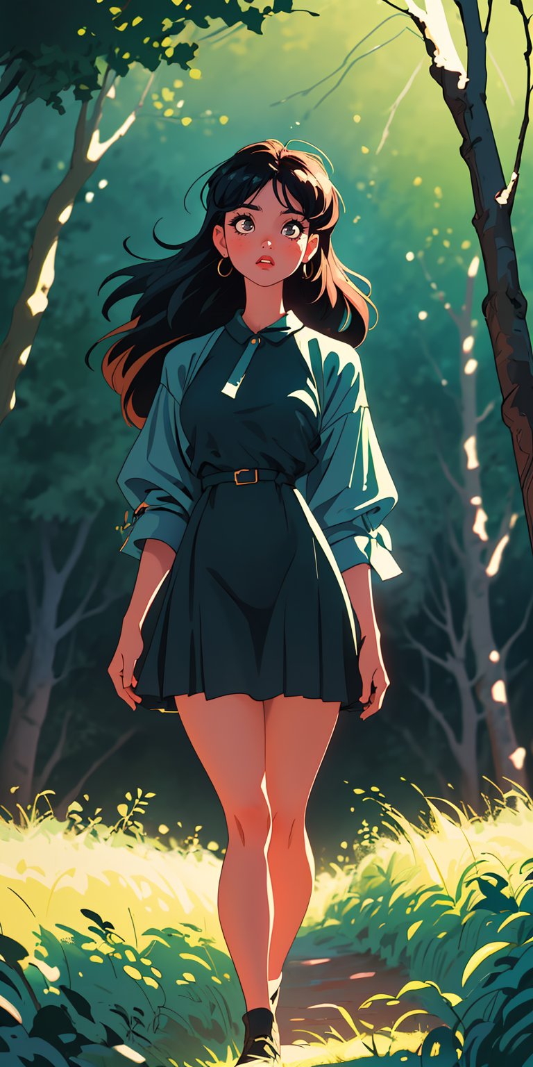 (best quality, masterpiece), 1girl, Long hair,Black hair, shilly girl, vintage, Forest, Retro vibes, 90's style, 90's vibe, vintage dress, (lighting), Backlight, Extremely focus