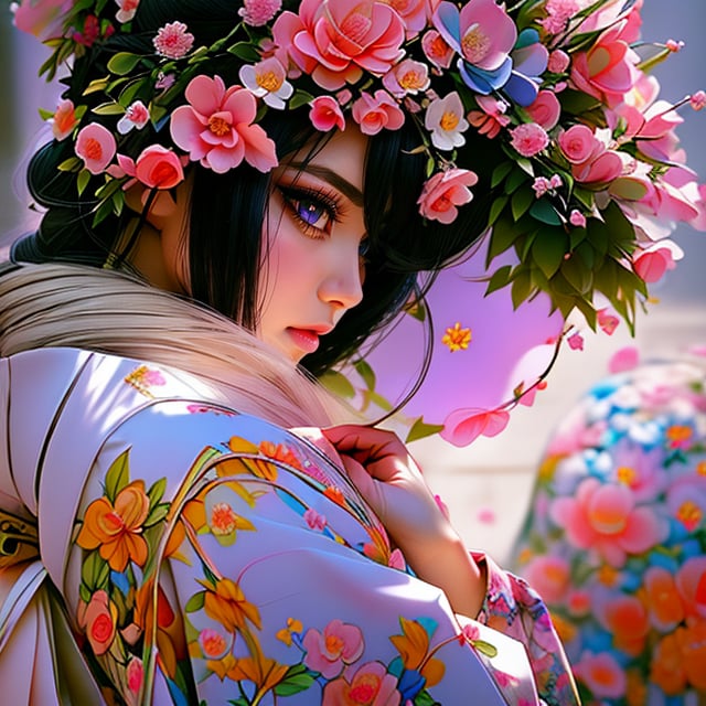 (Masterpiece, best quality), realistic, editorial,  1 painting of a beautiful Long haired woman with flowers in her hair, anime hi-fructose, neon backlit, vray, meticulous, rtx on, Artgerm, Tanya shatseva, geisha poses, computer aesthetic, female geisha girl, indigo filter, vibrant.-h 704, kawaii aesthetic, manga, neoartcore, ukiyo, bastien yoshitaka amano