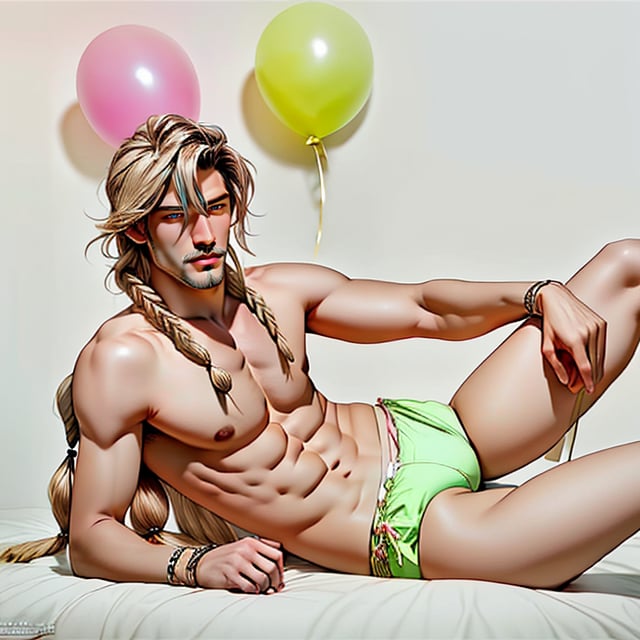 (Masterpiece, best quality), 1 man in thigh_high stockings , wearing pink bikini , underwear_bulge, 1 male, posing, looking at viewer, balloons backdrop editorial , boho boy with long hair braids, party theme photoshoot, aly fell and artgerm, realistic anime, handsome, male ulzzang, paleo art, vray, ray tracing, Friday party, 32k uhd