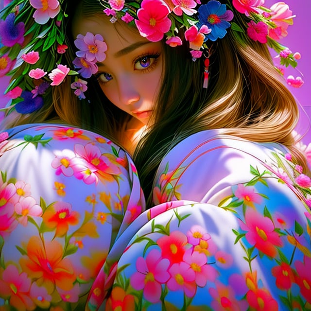 (Masterpiece, best quality), realistic, editorial,  1 painting of a beautiful Long haired woman with flowers in her hair, anime hi-fructose, neon backlit, vray, meticulous, rtx on, Artgerm, Tanya shatseva, close up of a young anime girl, computer aesthetic, female geisha girl, indigo filter, vibrant.-h 704, kawaii aesthetic, manga, neoartcore, ukiyo, bastien yoshitaka amano