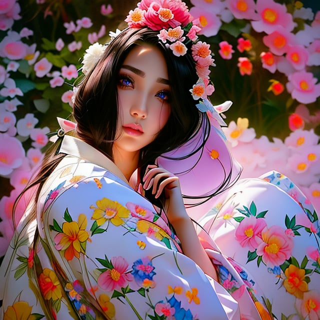 (Masterpiece, best quality), realistic, editorial,  1 painting of a beautiful Long haired woman with flowers in her hair, anime hi-fructose, neon backlit, vray, meticulous, rtx on, Artgerm, Tanya shatseva, geisha poses, computer aesthetic, female geisha girl, indigo filter, vibrant.-h 704, kawaii aesthetic, manga, neoartcore, ukiyo, bastien yoshitaka amano