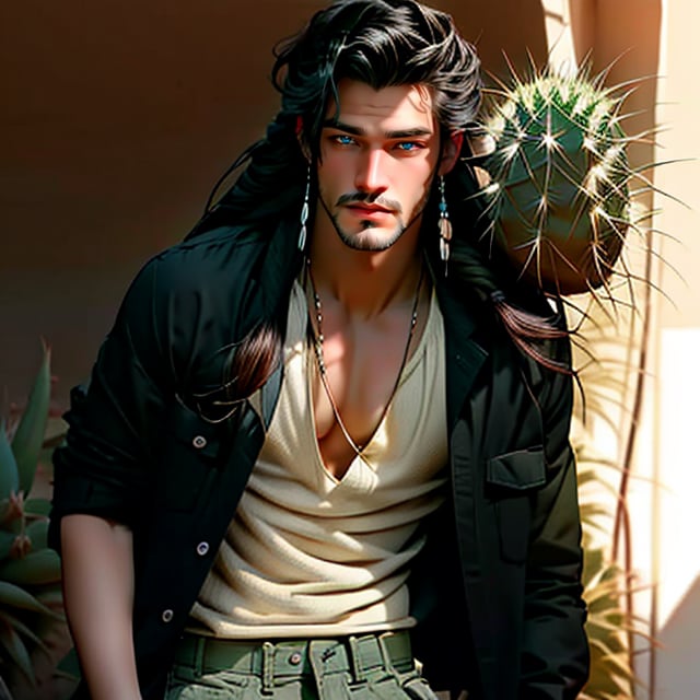 (Masterpiece, best quality), 1 man , cactus surreal fashion, posing against a desert of cactus , in cargo shorts  , crotch_bulge, posing, looking at viewer,  editorial , boho boy with long hair braids, cactus fantasy theme photoshoot, aly fell and artgerm, realistic anime, handsome, male ulzzang, paleo art, vray, ray tracing, cactus Kingdom, 32k uhd