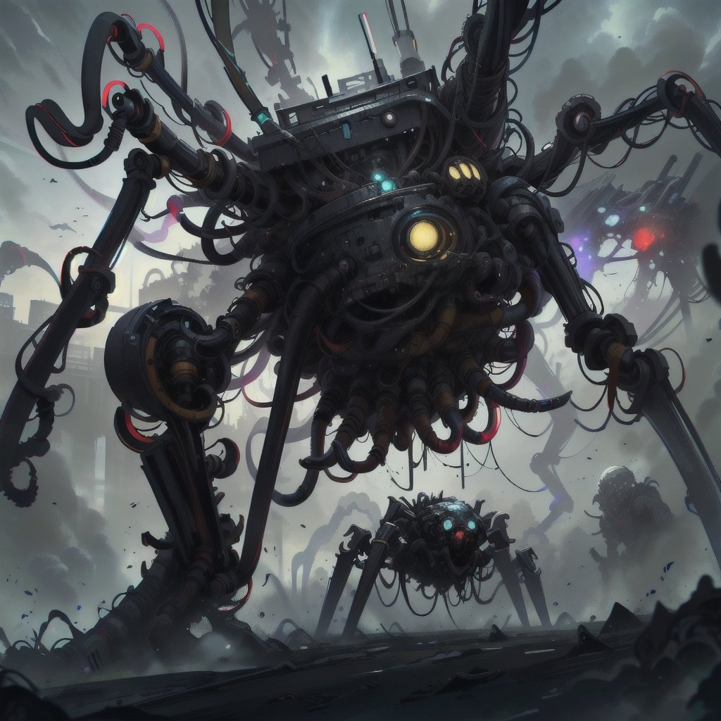 ultra-detailed,(best quality),((masterpiece)),(highres),original,extremely_detailed,(an extremely delicate and beautiful),perfectly_drawn,high_resolution,ultra_detailed,|eldritchtech|mechanical spider, biomechanical, horror,splatterpunk,bio_horror,tech,dark_fantasy,grimdark,ToxicPunkAI