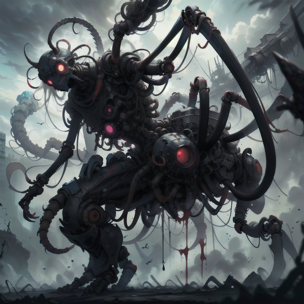 ultra-detailed,(best quality),((masterpiece)),(highres),original,extremely_detailed,(an extremely delicate and beautiful),perfectly_drawn,high_resolution,ultra_detailed,|eldritchtech|,mechanical_spider,spider,corpse, biomechanical, flesh,bones,rotten,horror,splatterpunk,bio_horror,tech,dark_fantasy,grimdark,silent_hill_creature,ancient_technology,morbid,horrorpunk,ToxicPunkAI,manga panel,dragon ear