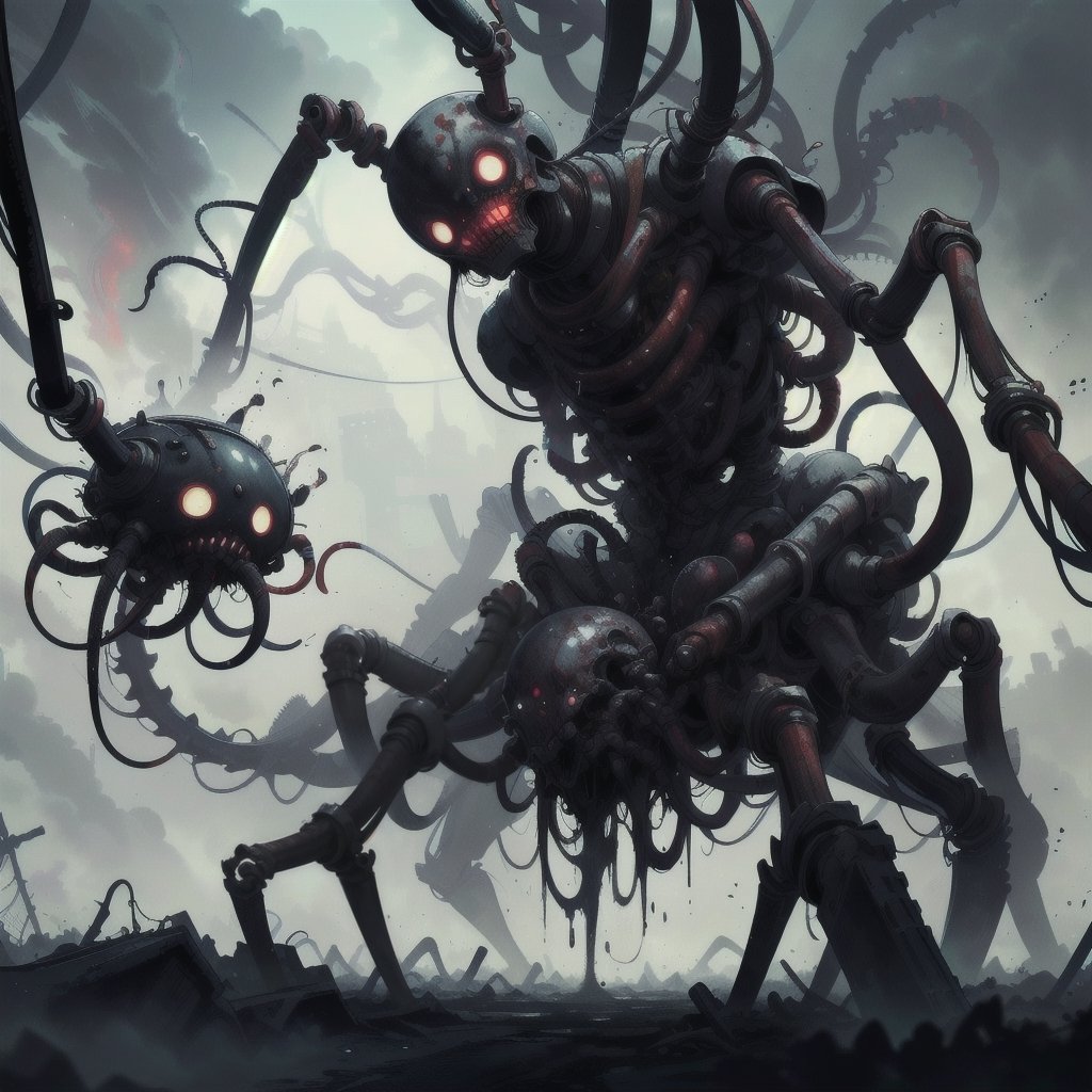 ultra-detailed,(best quality),((masterpiece)),(highres),original,extremely_detailed,(an extremely delicate and beautiful),perfectly_drawn,high_resolution,ultra_detailed,|eldritchtech|,mechanical_spider,spider,corpse, biomechanical, flesh,bones,rotten,horror,splatterpunk,bio_horror,tech,dark_fantasy,grimdark,silent_hill_creature,ToxicPunkAI,manga panel