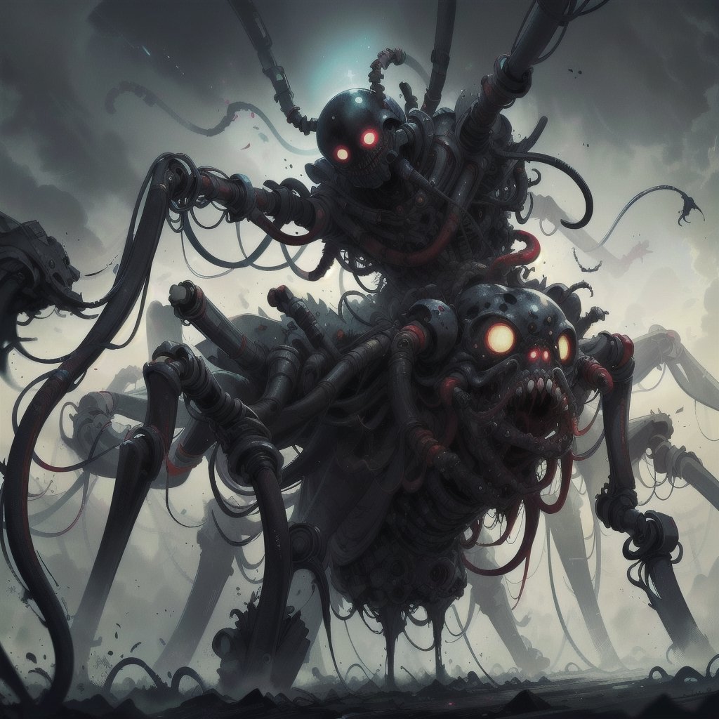 ultra-detailed,(best quality),((masterpiece)),(highres),original,extremely_detailed,(an extremely delicate and beautiful),perfectly_drawn,high_resolution,ultra_detailed,|eldritchtech|,mechanical_spider,spider,corpse, biomechanical, flesh,bones,rotten,horror,splatterpunk,bio_horror,tech,dark_fantasy,grimdark,ToxicPunkAI,manga panel