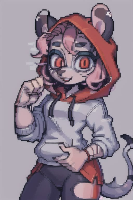 masterpiece, best quality, solo, male character (femboy), pink hair, red eyes, round opossum ears, opossum girl, anthropomorphous opossum, gray hoodie with opossum print, ,chibi,PixelArt