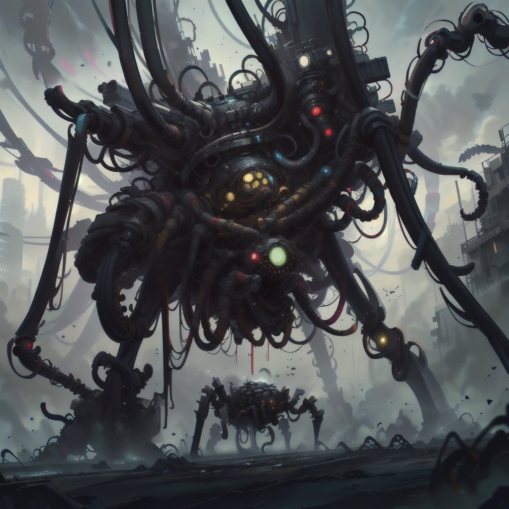 ultra-detailed,(best quality),((masterpiece)),(highres),original,extremely_detailed,(an extremely delicate and beautiful),perfectly_drawn,high_resolution,ultra_detailed,|eldritchtech|mechanical spider, biomechanical, horror,splatterpunk,bio_horror,tech,fantasy,ToxicPunkAI