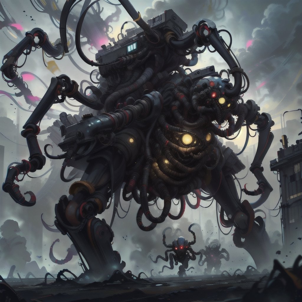 ultra-detailed,(best quality),((masterpiece)),(highres),original,extremely_detailed,(an extremely delicate and beautiful),perfectly_drawn,high_resolution,ultra_detailed,|eldritchtech|mechanical spider, biomechanical, flesh_tech,horror,splatterpunk,bio_horror,tech,dark_fantasy,grimdark,ToxicPunkAI