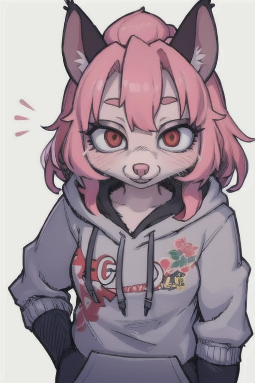 masterpiece, best quality, 1girl, solo, character (femboy), pink hair, red eyes, opossum ears, opossum girl, anthropomorphous opossum, gray hoodie with opossum print, 