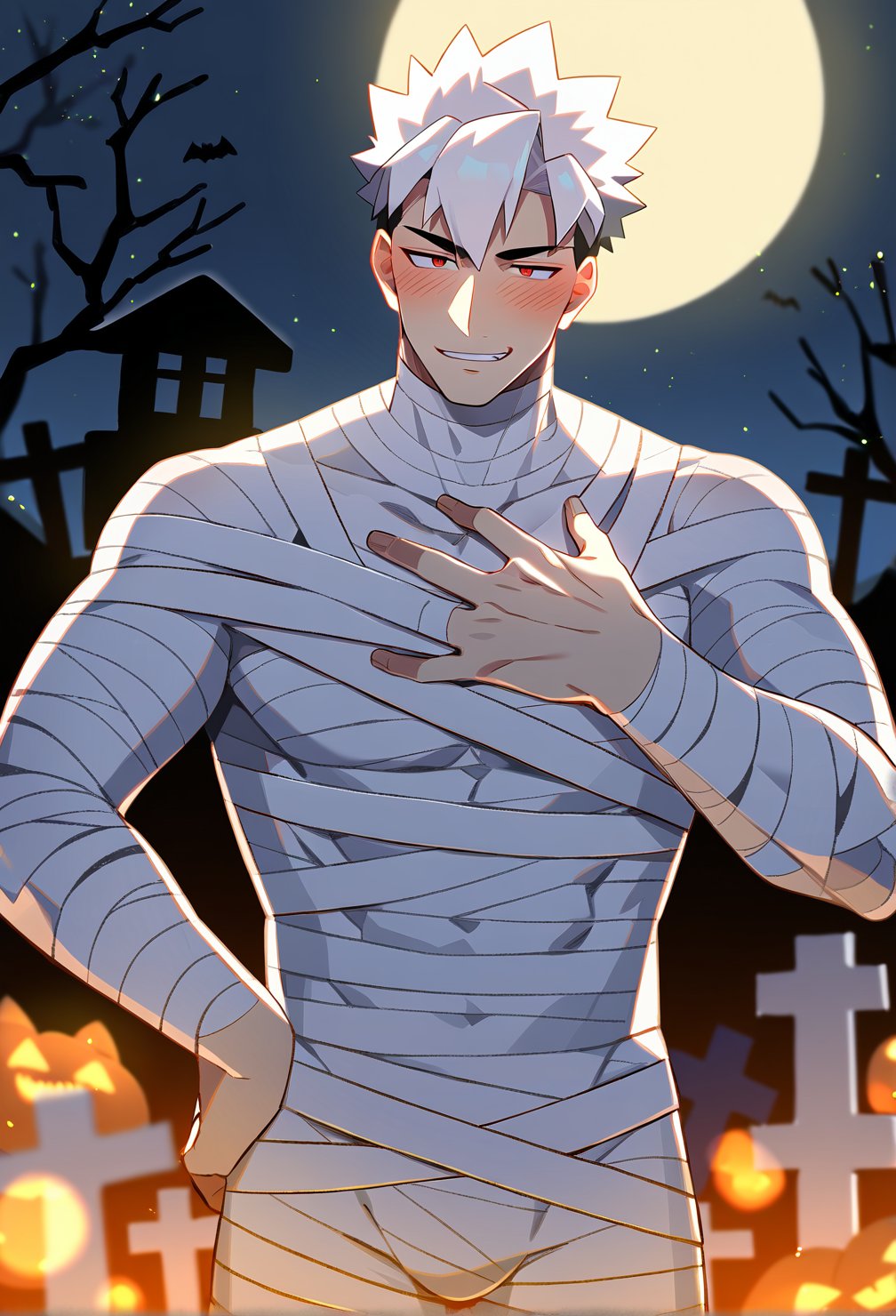 1boy, male focus, mature male, spiked hair, white hair, red eyes, halloween, mummy costume, smirk, blush, hand on own chest, hand on own hip, night sky, moonlight, graveyard, cowboy shot, source anime, score_9_up, best quality, amazing quality, best aesthetic, absurdres, year 2023