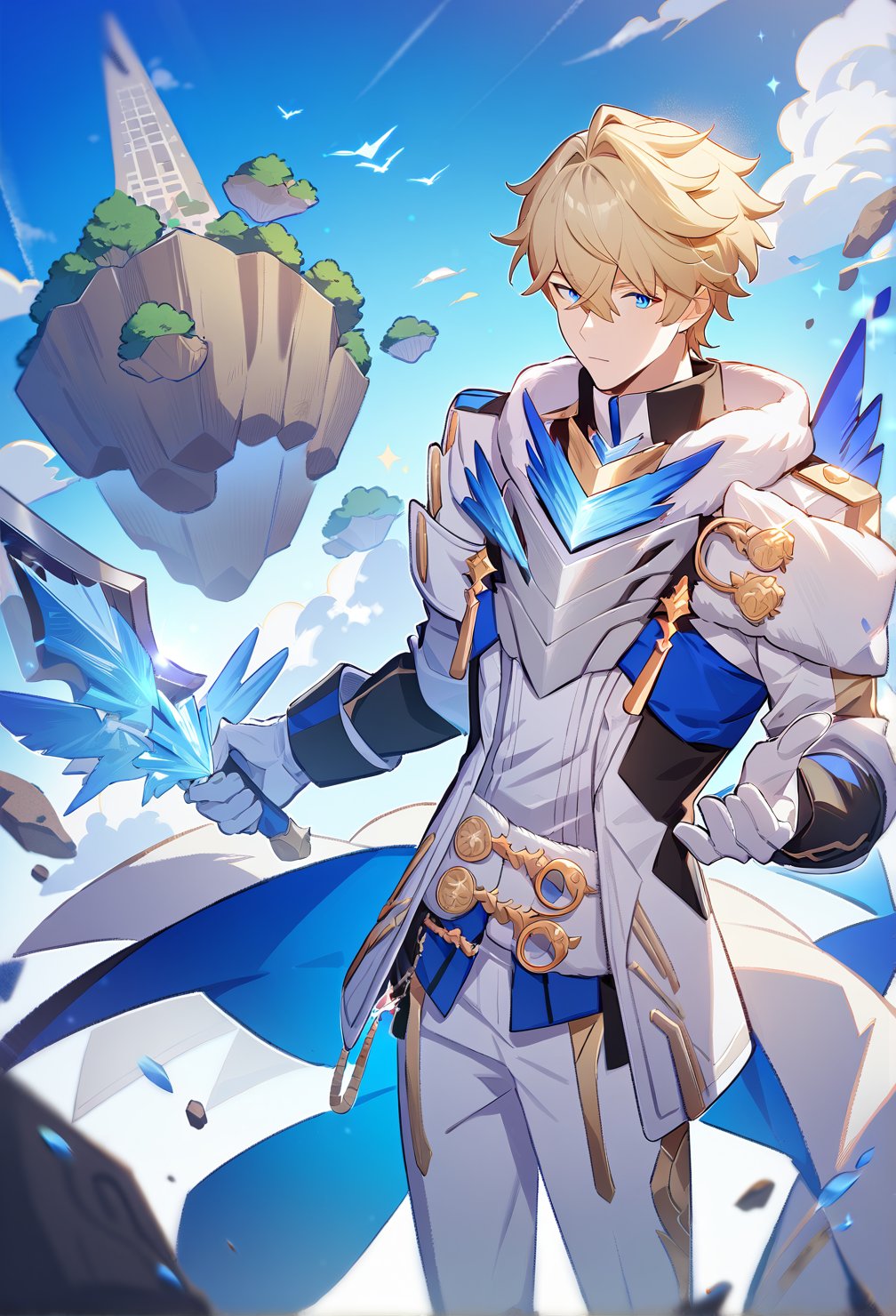 1boy, male focus, gepard, blonde hair, blue eyes, hair between eyes, standing, holding sword, day, cloud, floating island, cowboy shot, source anime, score_9_up, best quality, amazing quality, best aesthetic, absurdres, year 2023