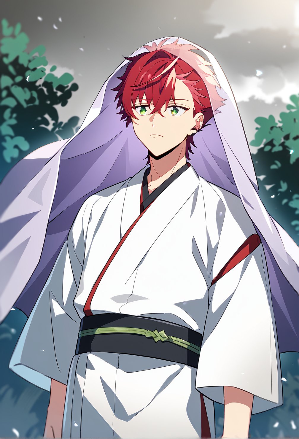 1boy, male focus, akira_otori, red hair, bangs, green eyes, white kimono, white sleeves, kariginu, purple veil, bored, closed mouth, outdoors, overcast, cowboy shot, source anime, score_9_up, best quality, amazing quality, best aesthetic, absurdres, year 2023,