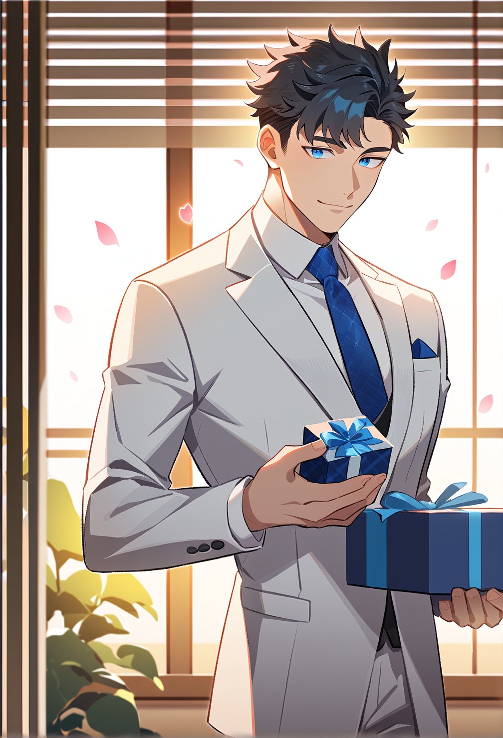 1boy, male focus, toned, toned male, short hair, black hair, blue eyes, formal, white suit, blue necktie, light smile, holding box, holding gift, indoors, falling petals outside the window, cowboy shot, source anime, score_9_up, score_8_up, score_7_up, best quality, amazing quality, best aesthetic, absurdres, year 2023