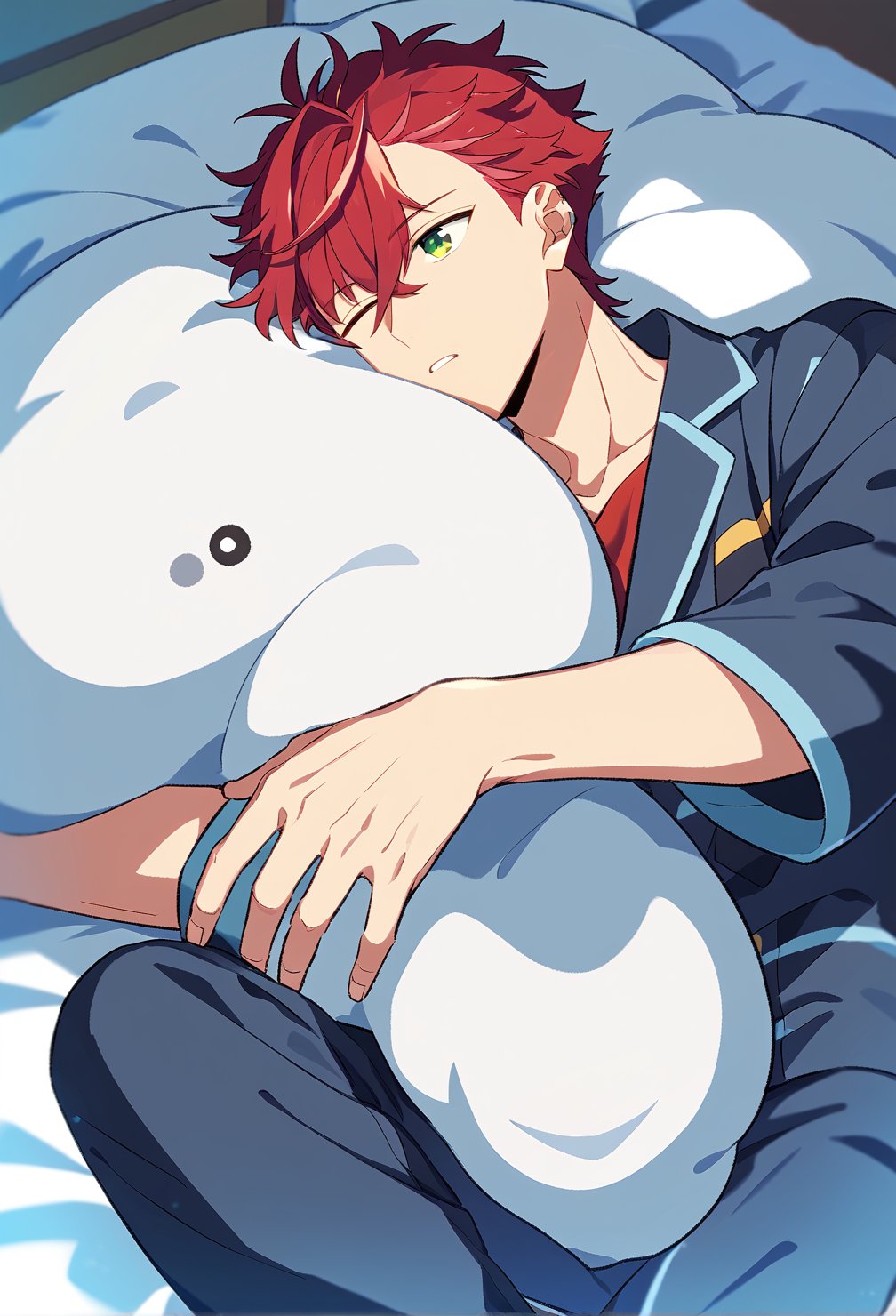 1boy, male focus, akira_otori, red hair, bangs, green eyes, pajamas, dreaming, sleeping, lying on a cloud, outstretched arms, bedroom, cowboy shot, source anime, score_9_up, score_8_up, score_7_up, best quality, amazing quality, best aesthetic, absurdres, year 2023,