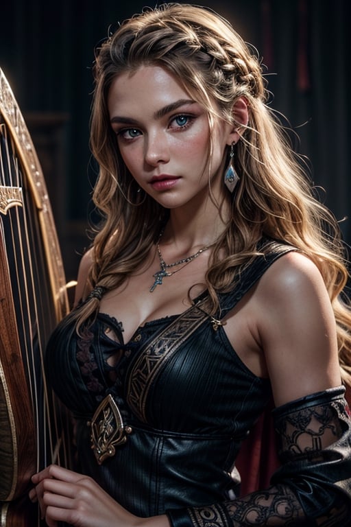 (masterpiece:1.4, best quality),(intricate details),ultra detailed,perfect face, beautiful and aesthetic, necklace, earring,1girl,grey eyes,cornrows,(dressed as viking,lyre,black outfit,glowing rune inlays),cinematic lighting,(cowboy shot),Circle