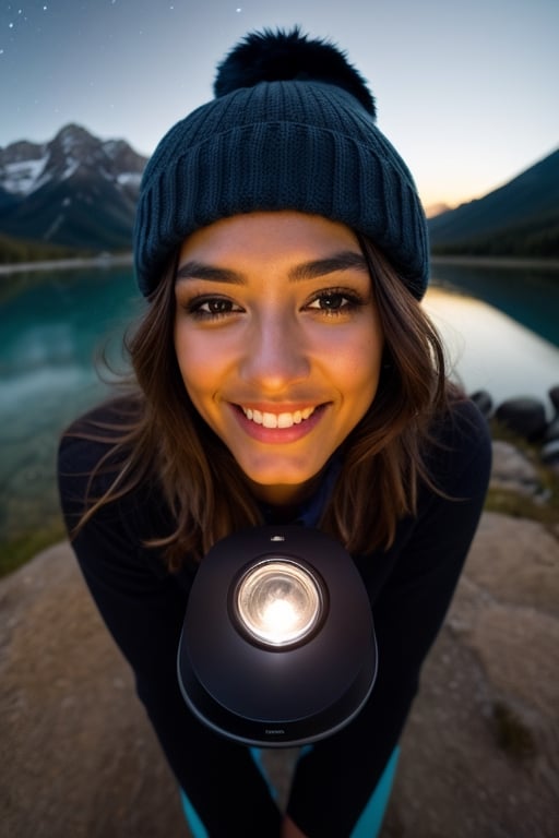 photorealistic, best quality, hyper detailed, beautiful woman, big smile, selfie photo, upper body, solo, wearing pullover, outdoors, (night), mountains, real life nature, stars, moon, (cheerful, happy), sleeping bag, gloves, sweater, beanie, flashlight, forest, rocks, river, wood, smoke, fog, clear sky, analog style, looking at viewer, skin texture, film grain, close up, ultra high res, best shadow, RAW, instagram LUT,drow,FFIXBG,day