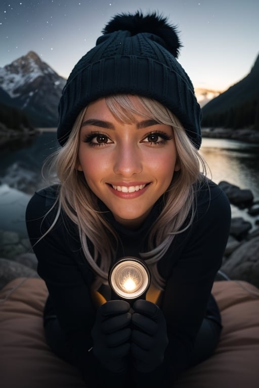 photorealistic, best quality, hyper detailed, beautiful woman, big smile, selfie photo, upper body, solo, wearing pullover, outdoors, (night), mountains, real life nature, stars, moon, (cheerful, happy), sleeping bag, gloves, sweater, beanie, flashlight, forest, rocks, river, wood, smoke, fog, clear sky, analog style, looking at viewer, skin texture, film grain, close up, ultra high res, best shadow, RAW, instagram LUT,drow,FFIXBG,day