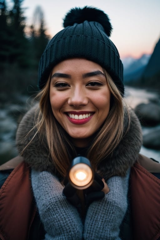 photorealistic, best quality, hyper detailed, beautiful woman, big smile, selfie photo, upper body, solo, wearing pullover, outdoors, (night), mountains, real life nature, stars, moon, (cheerful, happy), sleeping bag, gloves, sweater, beanie, flashlight, forest, rocks, river, wood, smoke, fog, clear sky, analog style, looking at viewer, skin texture, film grain, close up, ultra high res, best shadow, RAW, instagram LUT,drow,FFIXBG,day